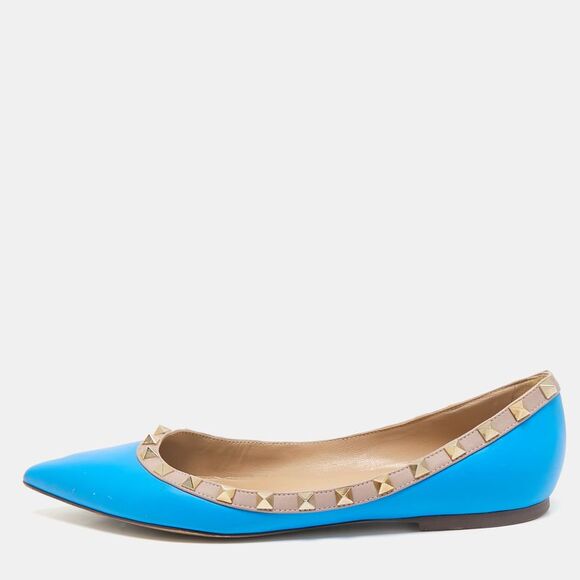 Valentino Blue/beige Leather Rockstud Ballet Flats Size 39